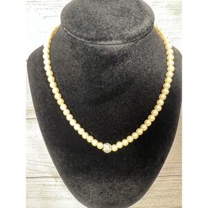 Faux Pearl Necklace Rhinestone Center Accent Cream Yellow Tone 16"